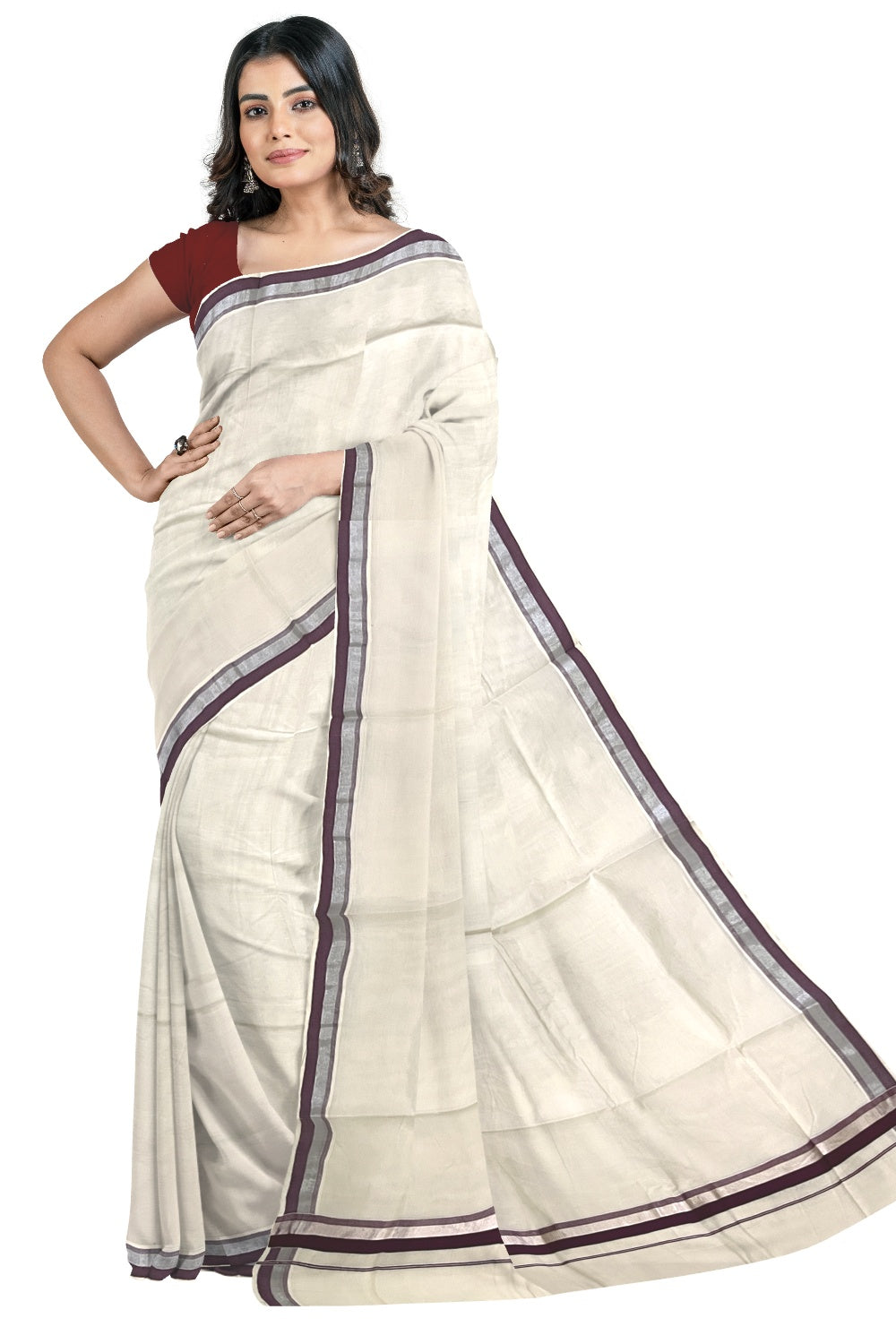 Kerala Pure Cotton Plain Saree with Silver Kasavu and Purple Border