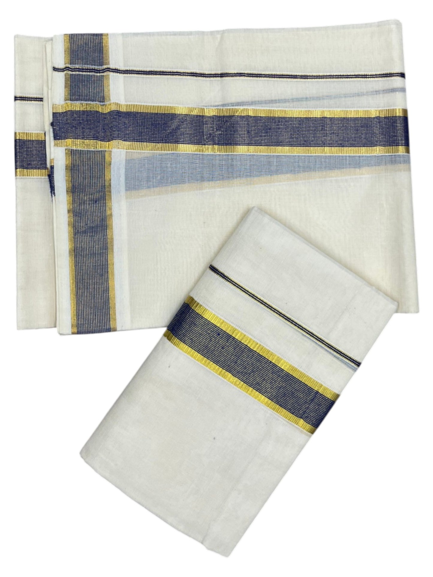 Southloom Pure Cotton Kerala Kasavu Set Mundu (Mundum Neriyathum) Kasavu & Blue Border in 2.80 Mtrs