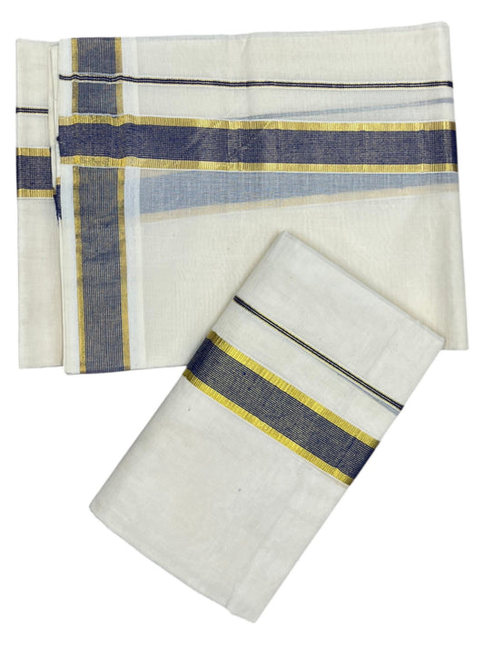 Southloom Pure Cotton Kerala Kasavu Set Mundu (Mundum Neriyathum) Kasavu & Blue Border in 2.80 Mtrs