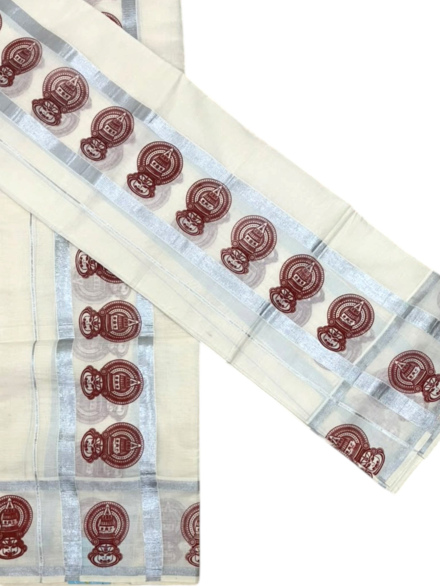 Southloom Pure Cotton Kerala Single Set Mundu (Mundum Neriyathum) with Maroon Printed And Silver Border 2.80 Mtrs