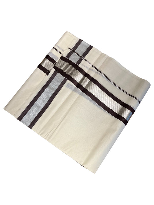 Southloom Kerala Pure Cotton Double Mundu with Silver Lines & Brown Border (South Indian Dhoti)