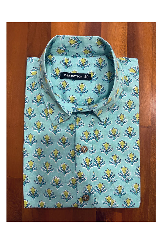 Southloom Jaipur Cotton Turquoise Hand Block Printed Shirt (Half Sleeves)