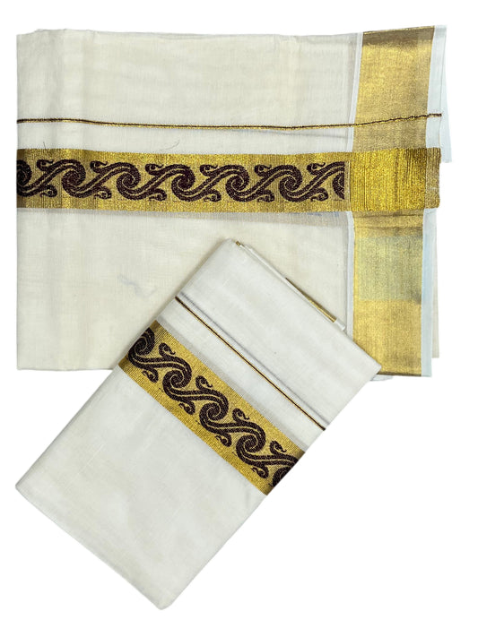 Southloom Kerala Pure Cotton Set mundu  (Mundum Neriyathum) with Brown Block Prints on Kasavu Border-2.80Mtrs SL426