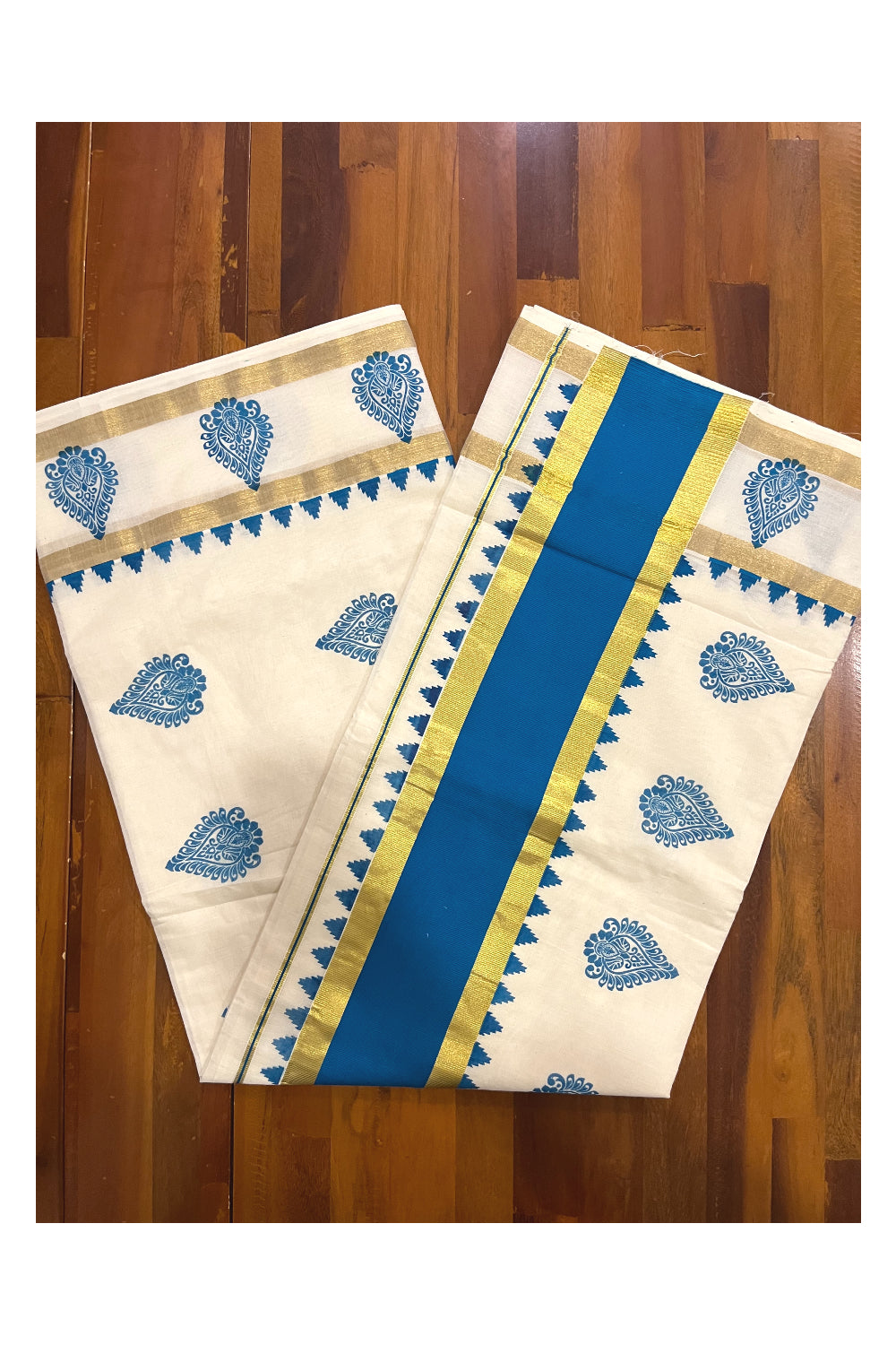 Pure Cotton Kerala Saree with Blue Block Printed Kasavu Border