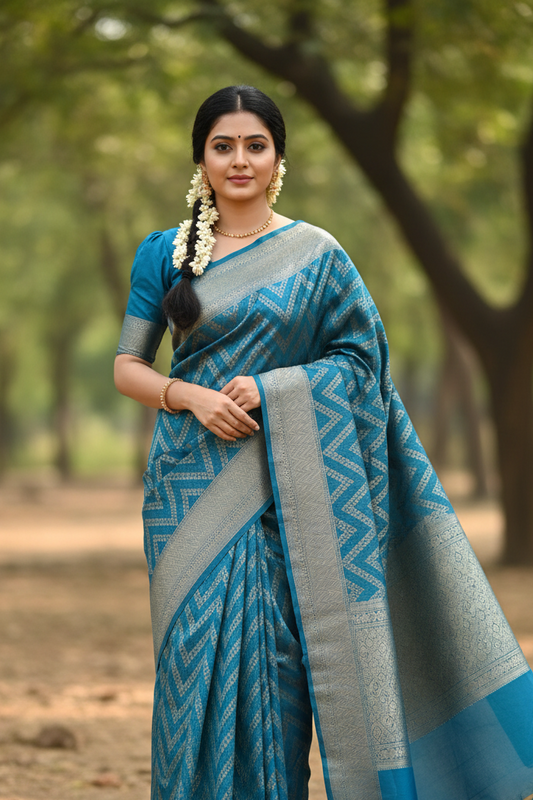 Southloom Cotton Banarasi Silk Saree with Woven Work on Body and Borders (Blue)