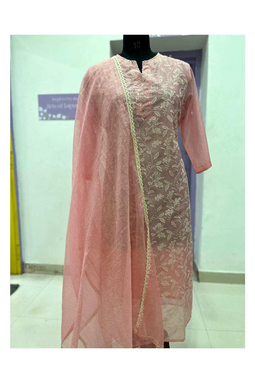 Southloom Stitched Net Kota Pink Embroidered Salwar Set