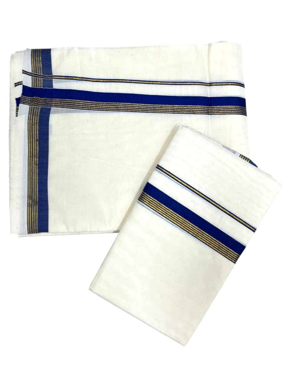 Pure Cotton Kerala Single Set Mundu (Mundum Neriyathum) with Blue Kasavu Border in 2.80 Mtrs
