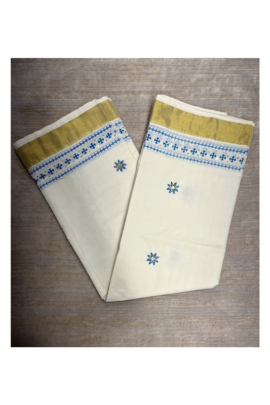 Southloom Blue Block Print Kasavu Saree with Sequins Work on Prints