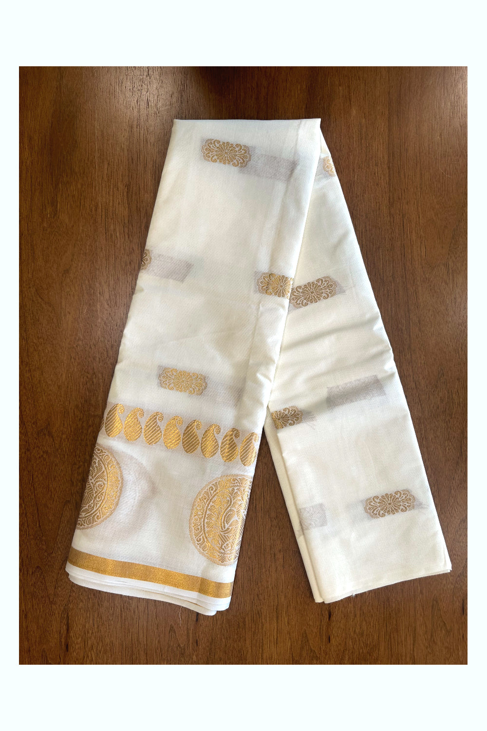 Kerala Cotton Skirt Material with Kasavu Woven Patterns (4 meters)
