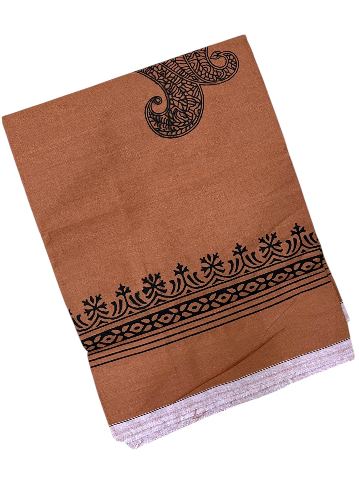 Southloom Saffron (Kaavi) Black Printed Single Mundu / Lungi (South Indian Kerala Dhoti) SL319