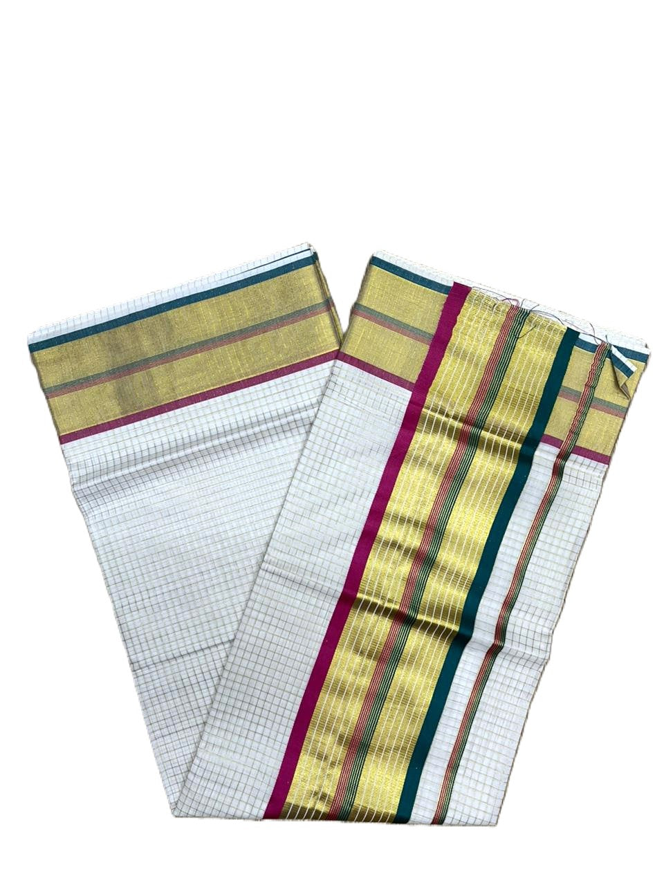 Southloom Kerala Cotton Kasavu Saree with Micro Check Design on Body in Magenta  & Peacock Green Border SL453