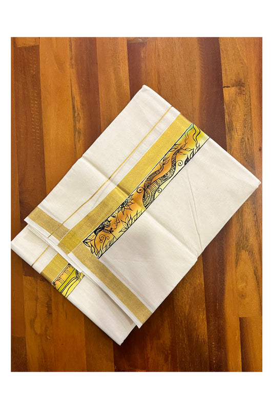 Pure Cotton Kerala Double Mundu with Krishna Hand Painted Designs on Kasavu Border (Vishu Collection 2024)