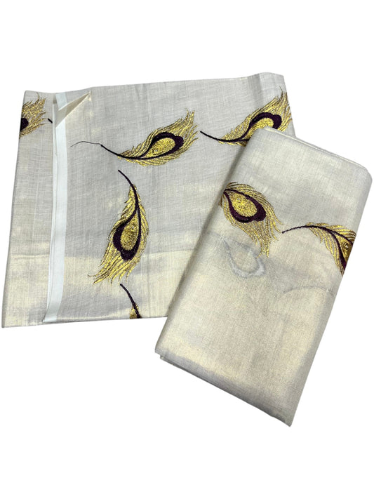 Southloom Kerala Tissue Kasavu Single Set Mundu (Mundum Neriyathum) Purple and Golden Feather Embroidery Work