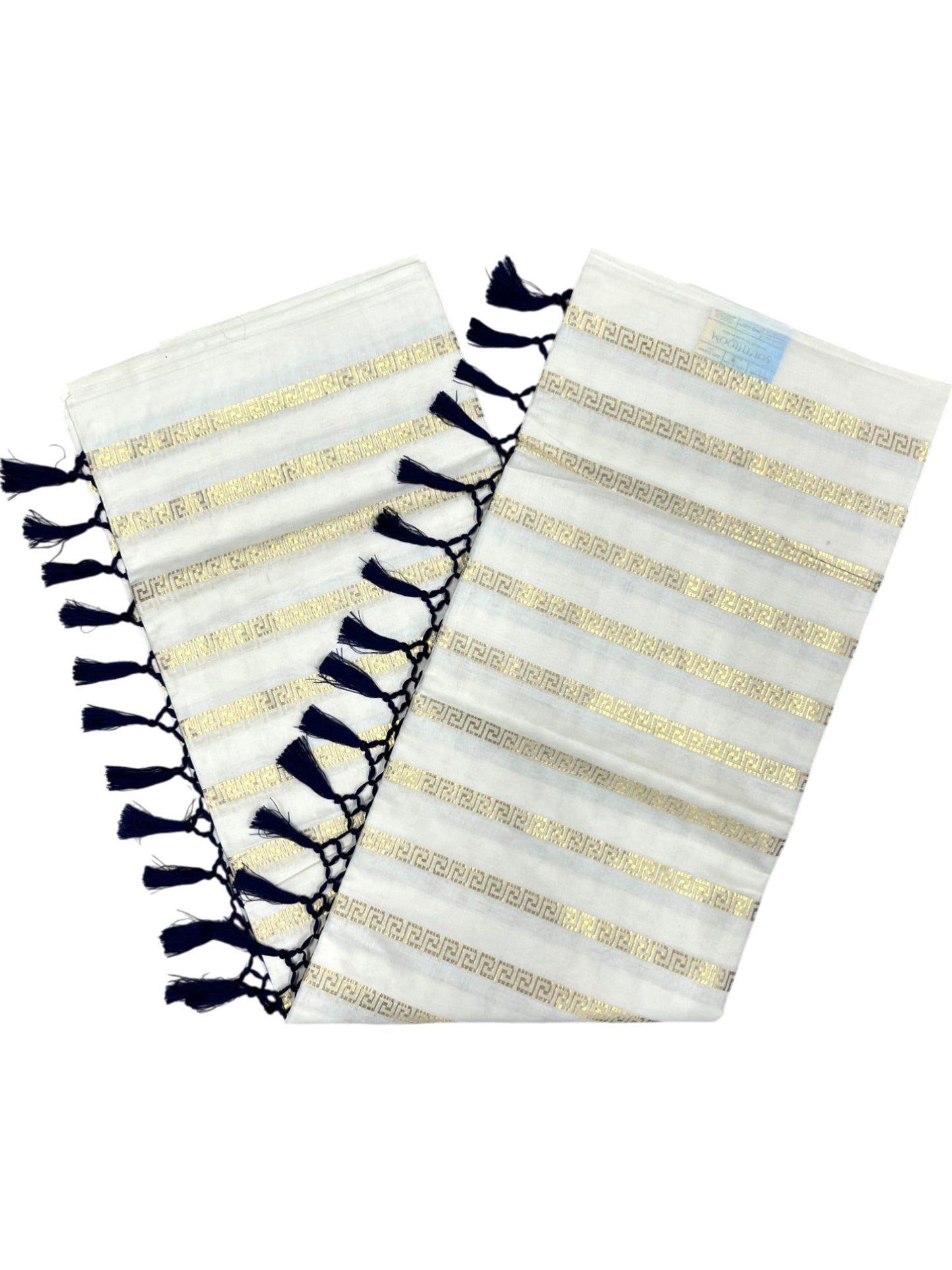 Southloom Cotton Kerala Kasavu Saree with Stripes on Body and Blue Tussels