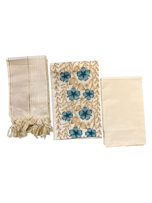 Southloom™ Cotton Churidar Salwar Suit Material with  Blue Embroidery Work (include Lines Shawl / Dupatta)