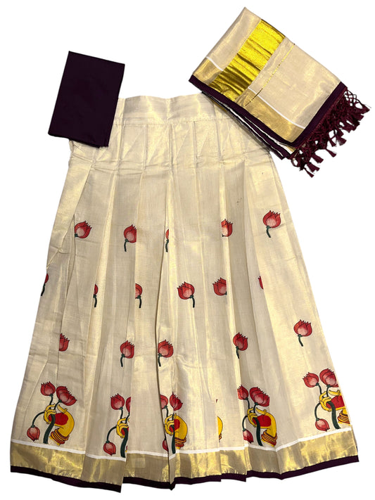 Southloom Semi Stitched Tissue Dhavani Set with Pavada and Maroon Blouse Piece