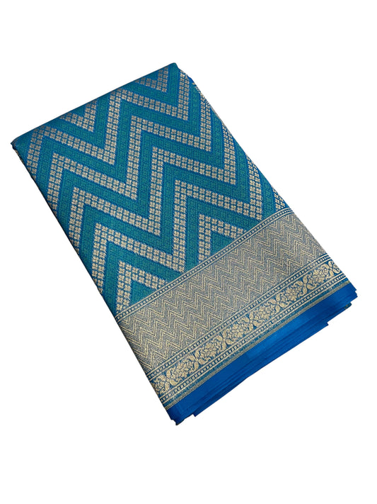 Southloom Cotton Banarasi Silk Saree with Woven Work on Body and Borders (Blue)
