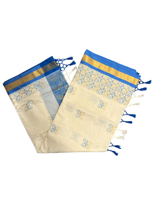 Southloom Kerala Cotton Saree with Blue and Golden Embroidery Works