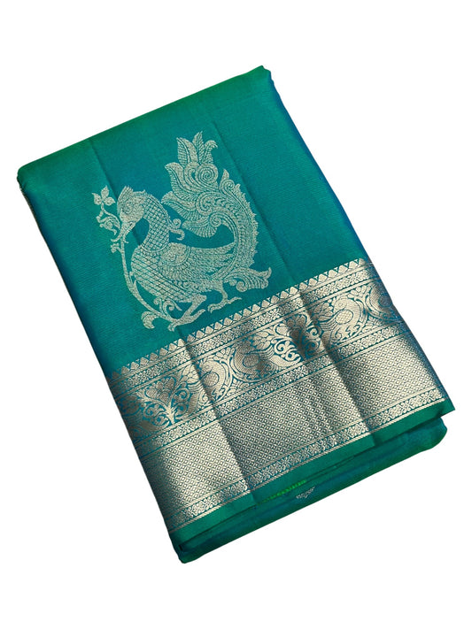Southloom Pure Handloom Bridal Kanchipuram Silk Saree with Korvai Work (Green & Blue)