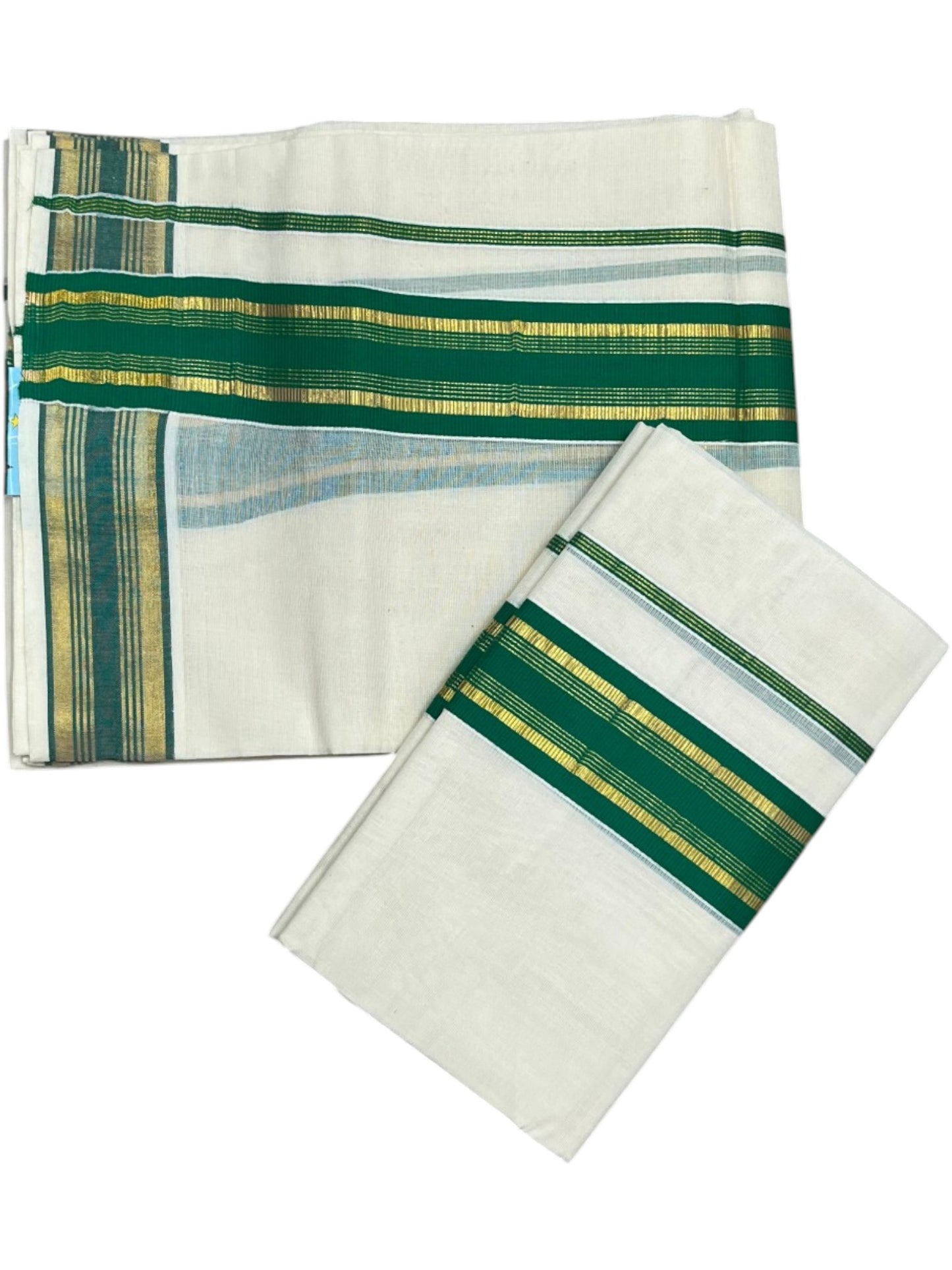 Southloom Kerala Cotton Kasavu Single Set Mundu (Mundum Neriyathum) with Green Kasavu Border SLKK