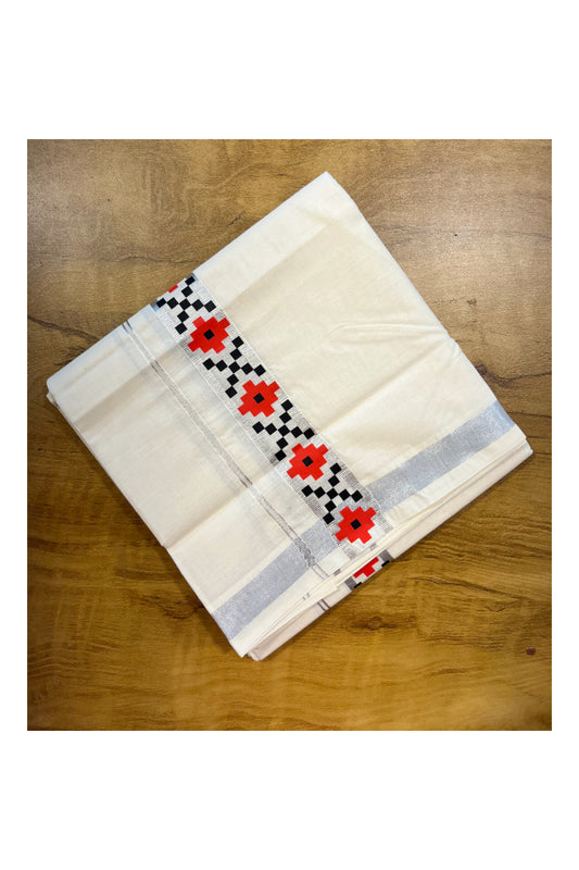 Southloom Pure Cotton Silver Kasavu Mundu with Trendy Print