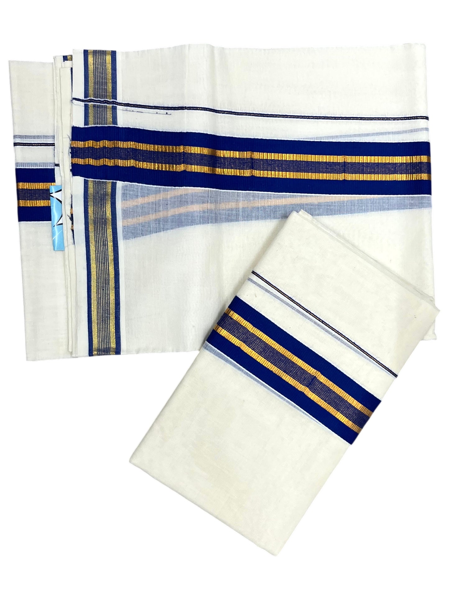 Southloom Kerala Cotton Single Set Mundu (Mundum Neriyathum) with Kasavu and Blue Border  SLKK SL470
