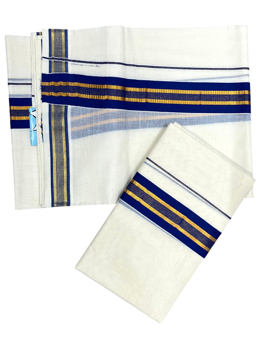 Southloom Kerala Cotton Single Set Mundu (Mundum Neriyathum) with Kasavu and Blue Border  SLKK SL470