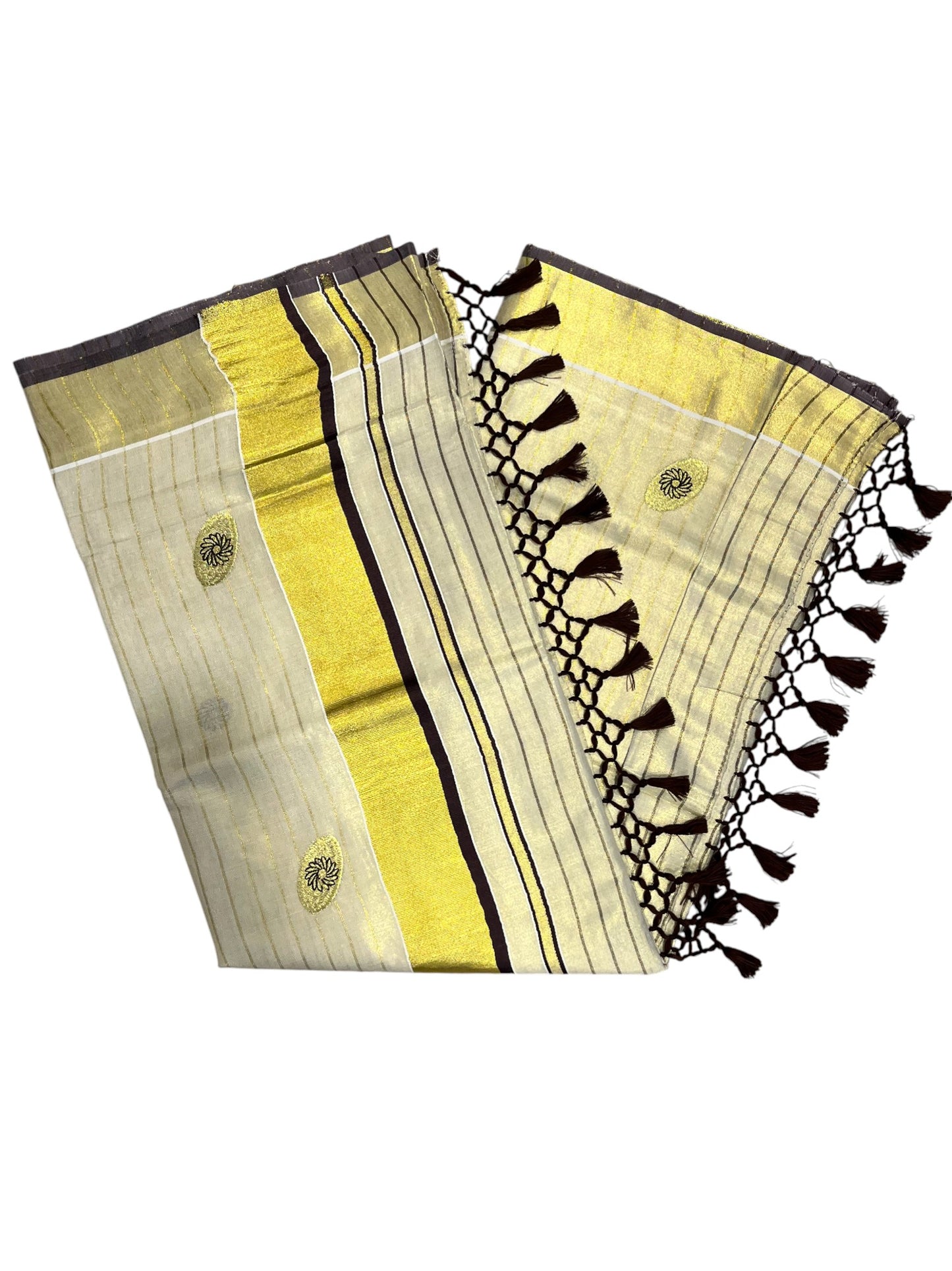 Kerala Tissue Kasavu Stripes Saree with Brown and Gold Embroidery Design on Body