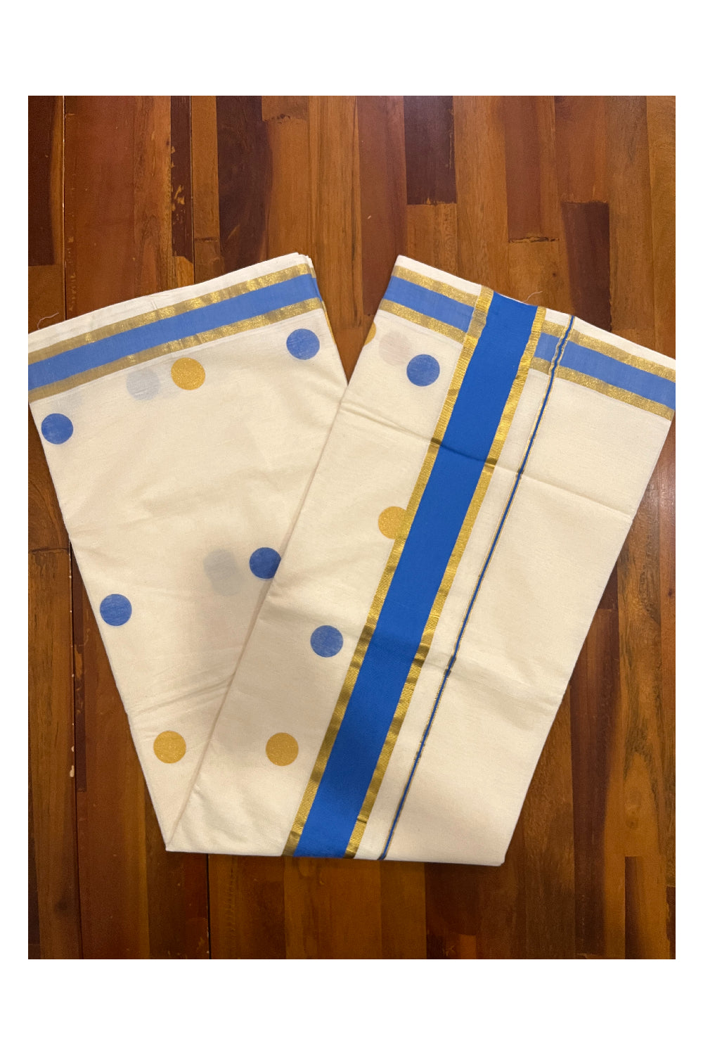 Pure Cotton Kerala Kasavu Saree with Golden and Blue Polka Prints on Body