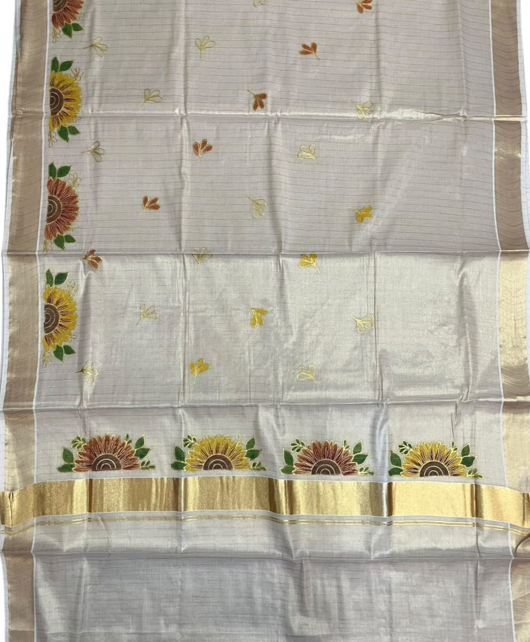 Southloom Kerala Tissue Kasavu Lines Saree with Embroidery Work in Yellow Floral Print