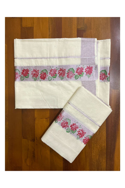 Kerala Pure Cotton Single Set Mundu (Mundum Neriyathum) with Red Green Block Prints on Rose Copper Kasavu Border