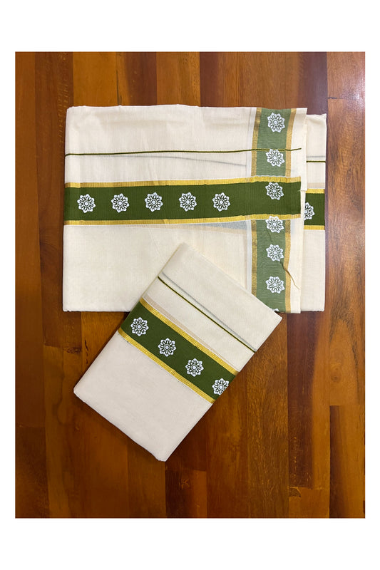 Kerala Cotton Single Set Mundu (Mundum Neriyathum) with Floral Block Prints on Light Green and Kasavu Border - 2.60Mtrs