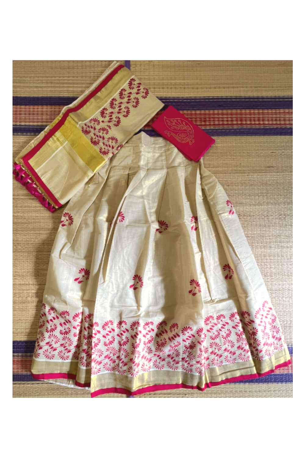 Semi Stitched Dhavani Set with Tissue Block Print Design Pavada and Magenta Bead Work Blouse Piece