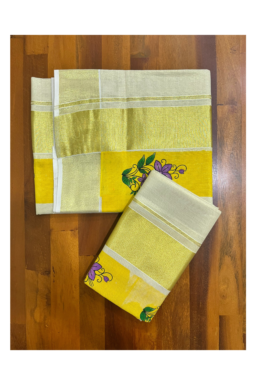 Kerala Tissue Single Set Mundu (Mundum Neriyathum) with Violet Floral Block Prints in Yellow Border 2.80 Mtrs (Onam 2024 Collection)