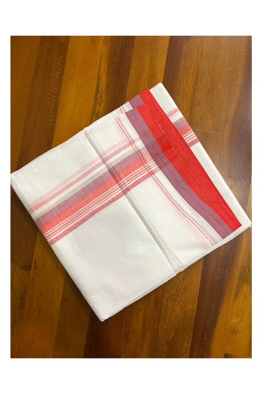 Pure White Cotton Kerala Double Mundu with Orange Violet Border (South Indian Kerala Dhoti)