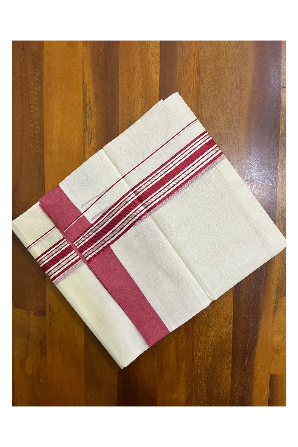 Kerala Pure Cotton Double Mundu with Silver Kasavu and Maroon Border (South Indian Kerala Dhoti)