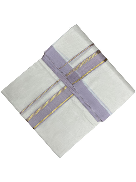 Southloom Pure Cotton Mundu with Gold Lines and Lavander Border (South Indian Kerala Dhoti)