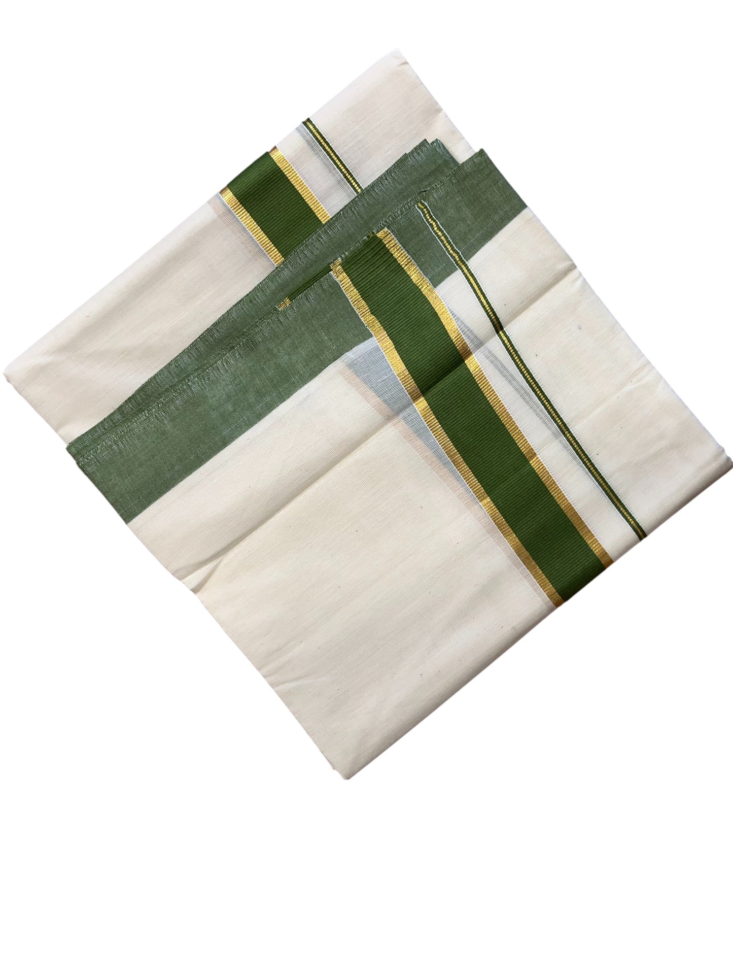 Southloom Pure Cotton Mundu with Gold Kasavu and Green Colour Border (South Indian Kerala Dhoti)