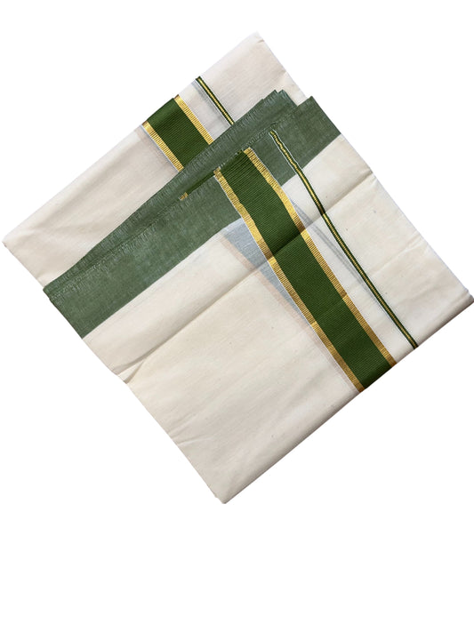 Southloom Pure Cotton Mundu with Gold Kasavu and Green Colour Border (South Indian Kerala Dhoti)