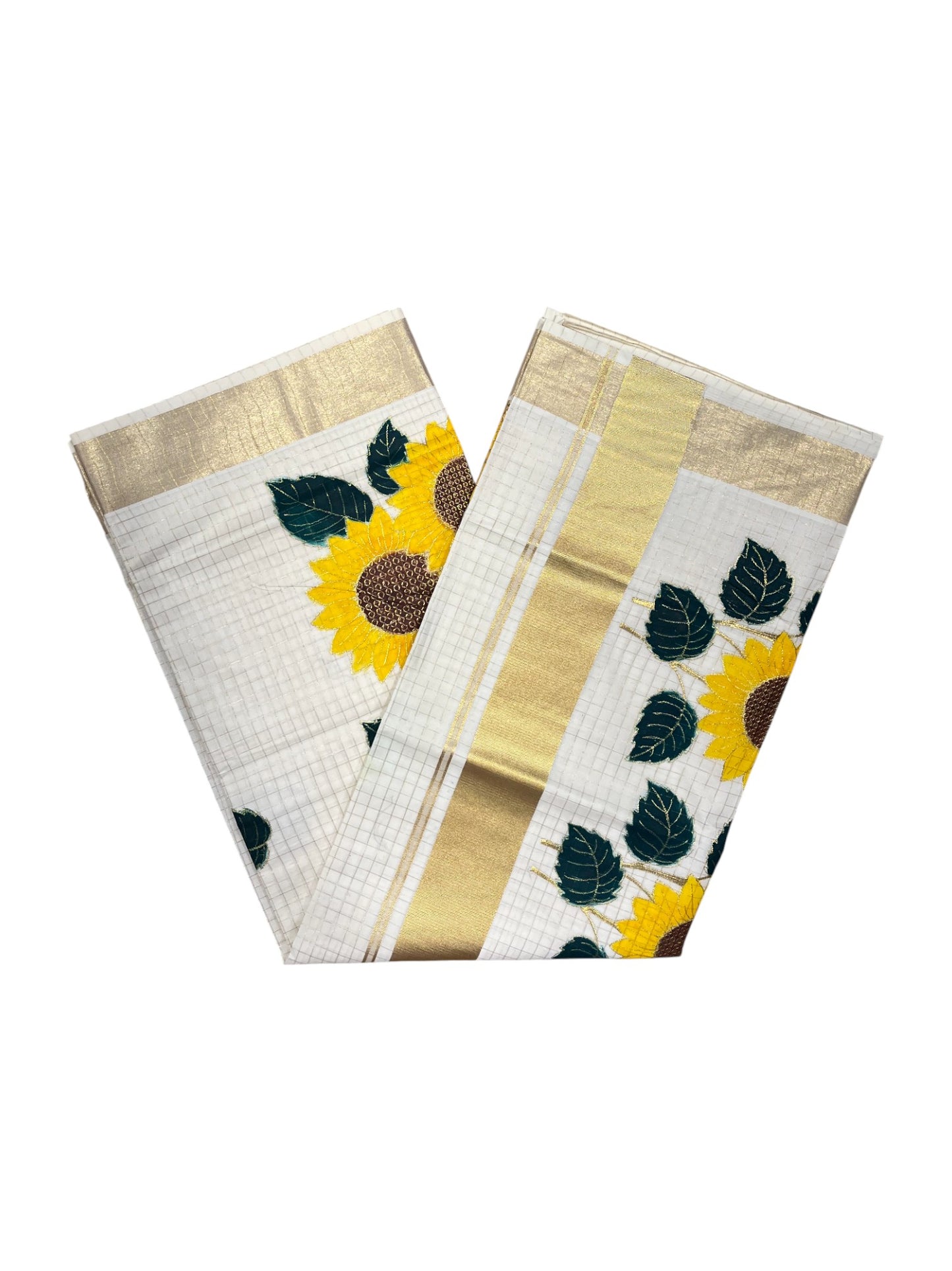 Southloom Kerala Cotton Kasavu Cheack Saree with Embroidery Wor in Yellow Floral Print