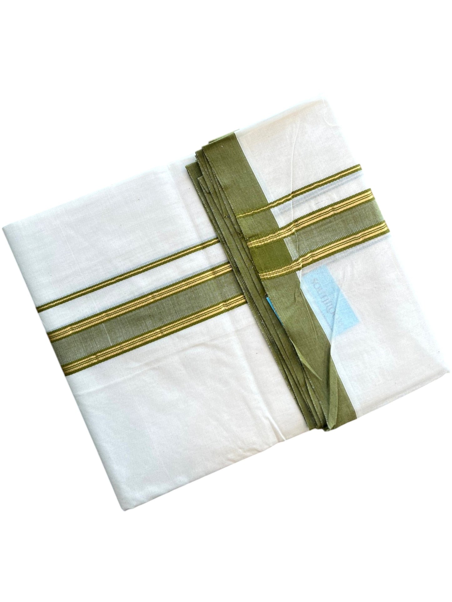 Southloom Pure Cotton Mundu with Golden Lines and Olive Green Border (South Indian Kerala Dhoti)