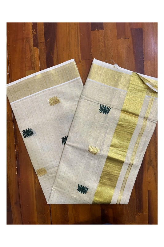 Kerala Tissue Kasavu Striped Saree with Green Lotus Prints on Body and Pallu