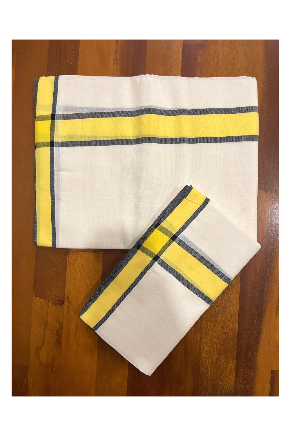 Kerala Cotton Mulloth Single Set Mundu (Mundum Neriyathum) with Yellow Black Border (Extra Soft Cotton)