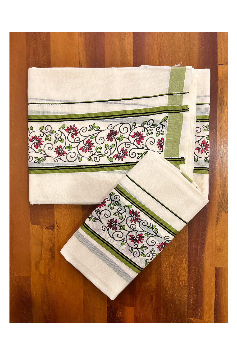 Kerala Cotton Set Mundu Single (Mundum Neriyathum) with Light Green Floral Block Printed Border