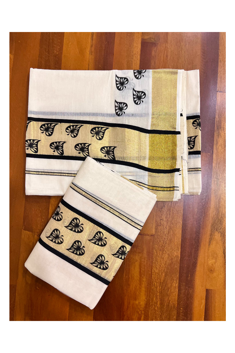 Kerala Pure Cotton Set Mundu Single (Mundum Neriyathum) with Black Block Prints on Kasavu Border-2.80Mtrs