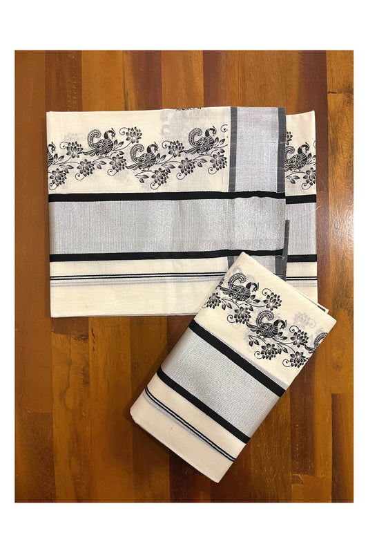 Pure Cotton Kerala Single Set Mundu (Mundum Neriyathum) with Black Block Printed Silver Kasavu Border