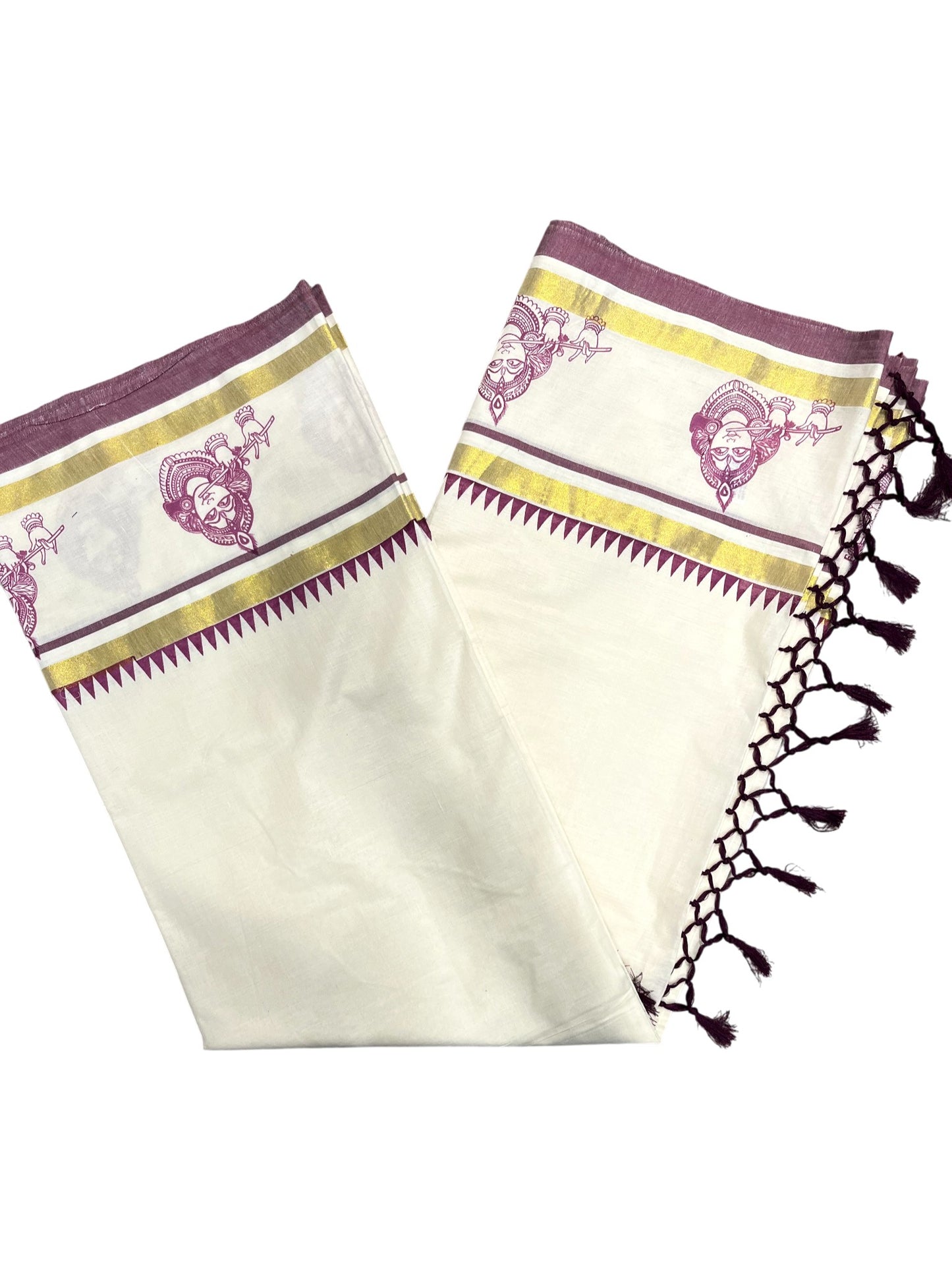 Southloom Cotton Kasavu Saree with Hand Printed Design on Border