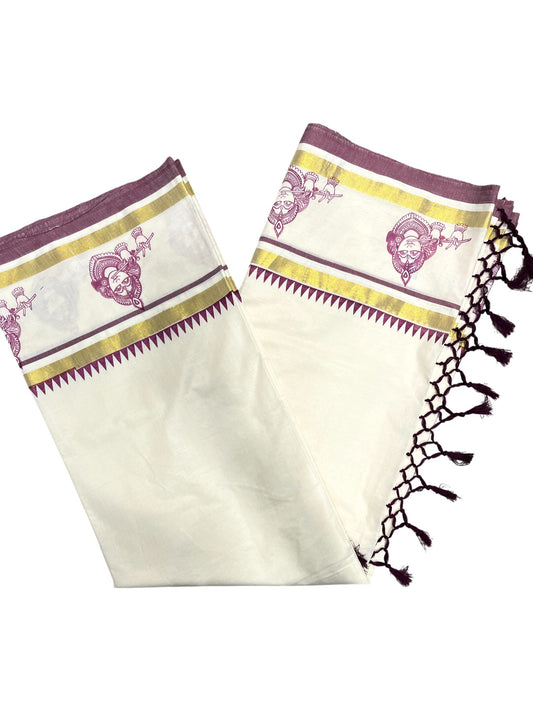 Southloom Cotton Kasavu Saree with Hand Printed Design on Border