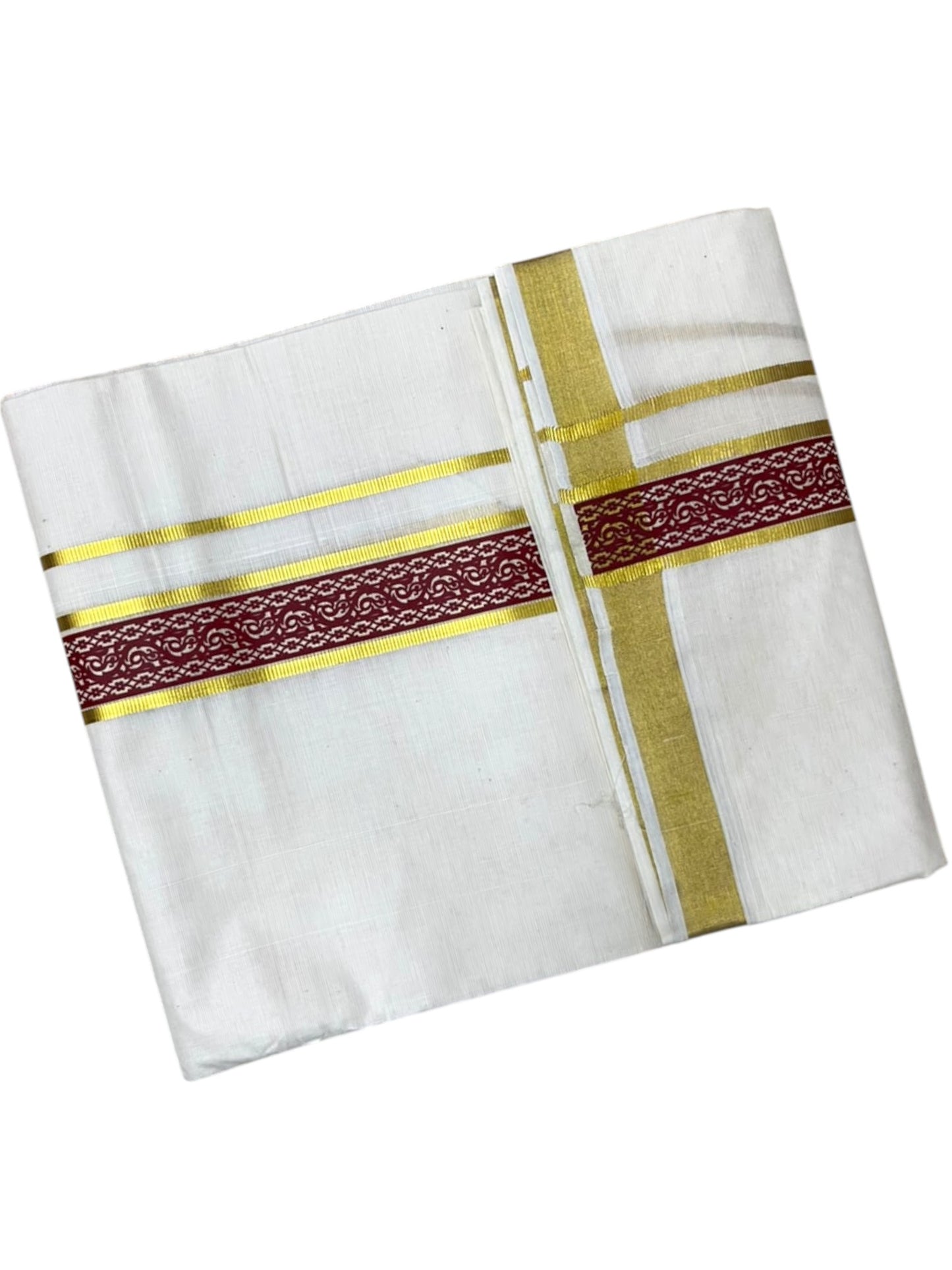 Southloom Pure Cotton Double Mundu with Maroon Block Printed And Ksavu Border (South Indian Kerala Dhoti)