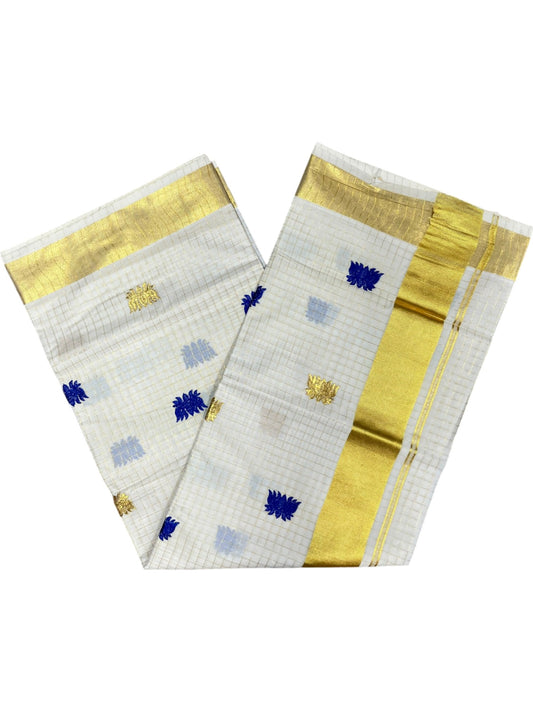 Southloom Cotton Kerala Kasavu Check Saree with Lotus Embroidery Design in Blue